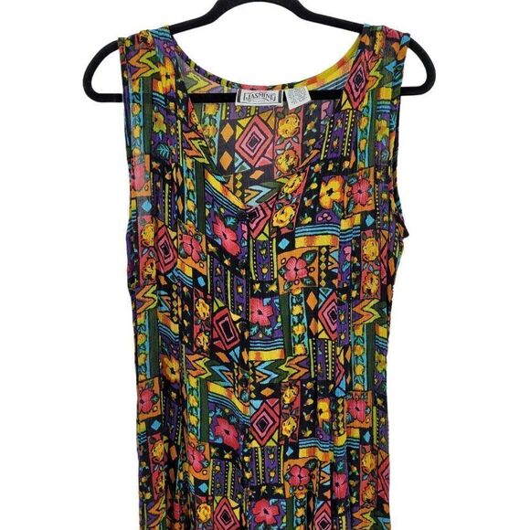 Vintage 80s Dress M Maxi Dopamine Jamaican Tropical Sleeveless MuMu Pinafore - Picture 5 of 9